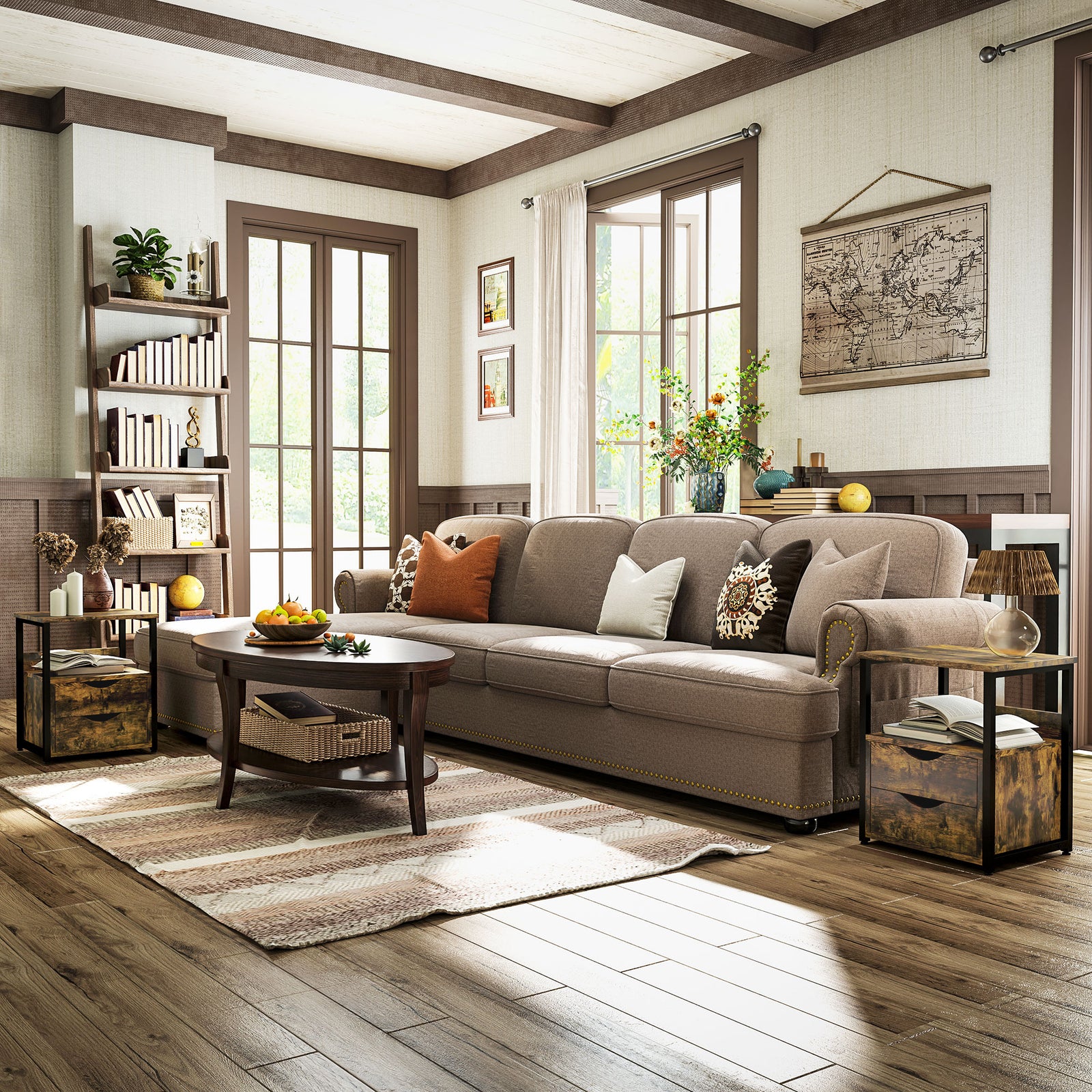 Industrial Side Table Set of 2, Sofa Table with Drawer, Bedside Cabinet with Storage Shelf, Slim Nightstand for Living Room, Bedroom, Rustic Brown