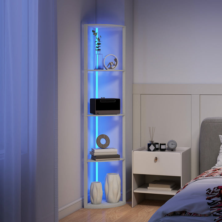 RGB LED Floor Lamp with Shelves, 5-Tier Dimmable Standing Lamp with Adjustable Brightness and Remote Control, Modern Corner Display Shelf Unit for Living Room Bedroom Office, Oak
