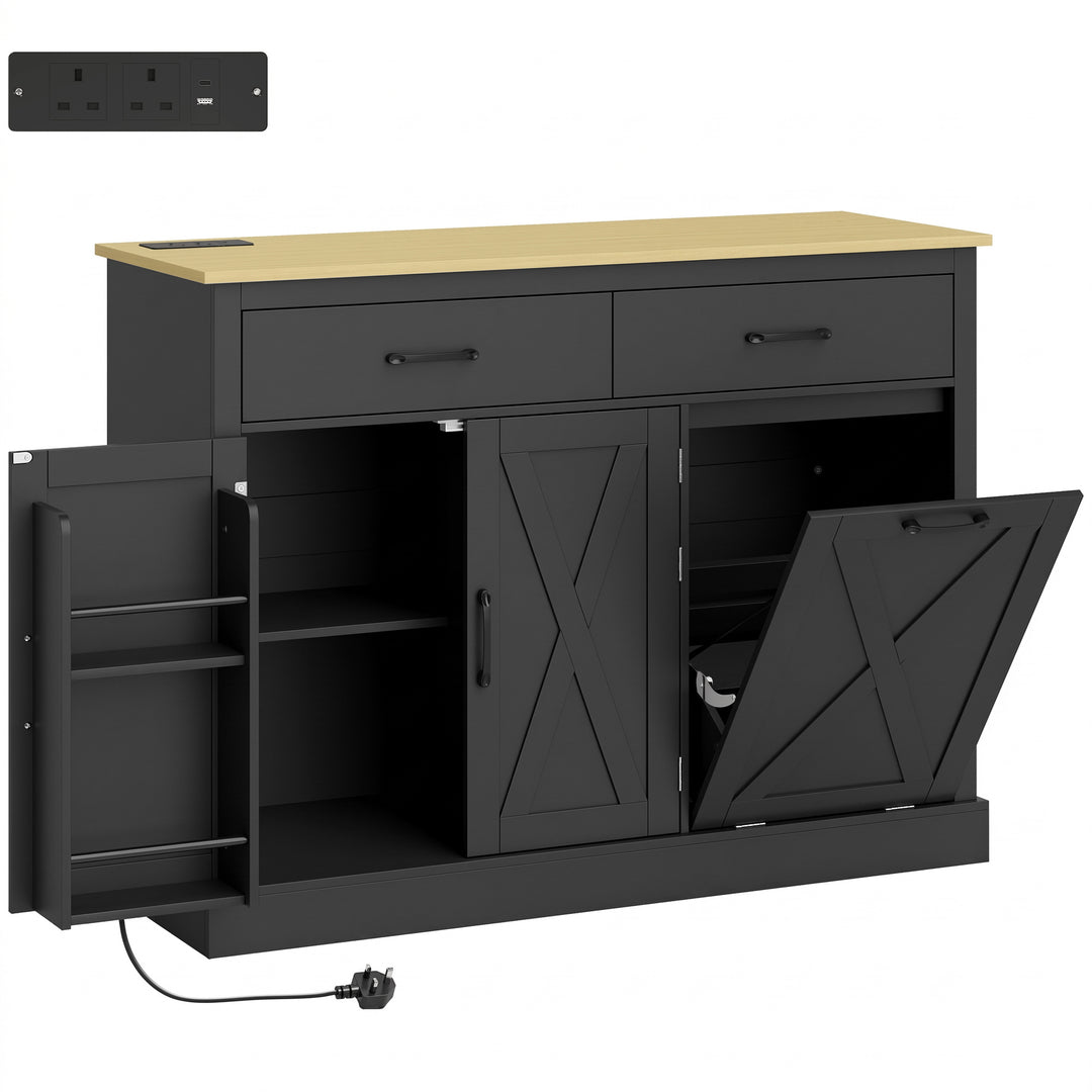 Tilt Out Trash Cabinet with Charging Station, Kitchen Island with - Black