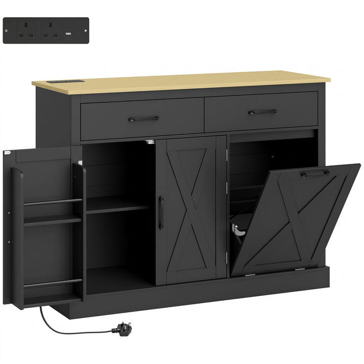 Tilt Out Trash Cabinet with Charging Station, Kitchen Island with - Black