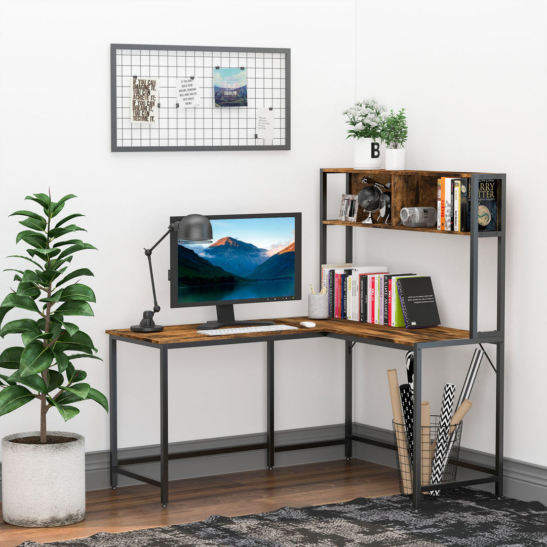 L Shaped Desk with Book Shelf, Industrial Corner Computer Desk, Writing Table with Steel Frame for Home Office, Bedroom, Study Room, 140 x 125cm, Brown