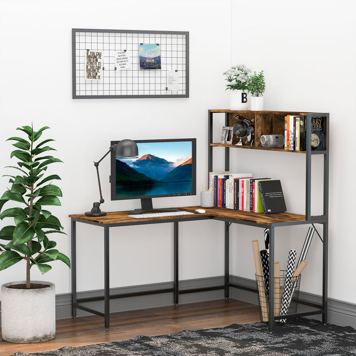 L Shaped Desk with Book Shelf, Industrial Corner Computer Desk, Writing Table with Steel Frame for Home Office, Bedroom, Study Room, 140 x 125cm, Brown