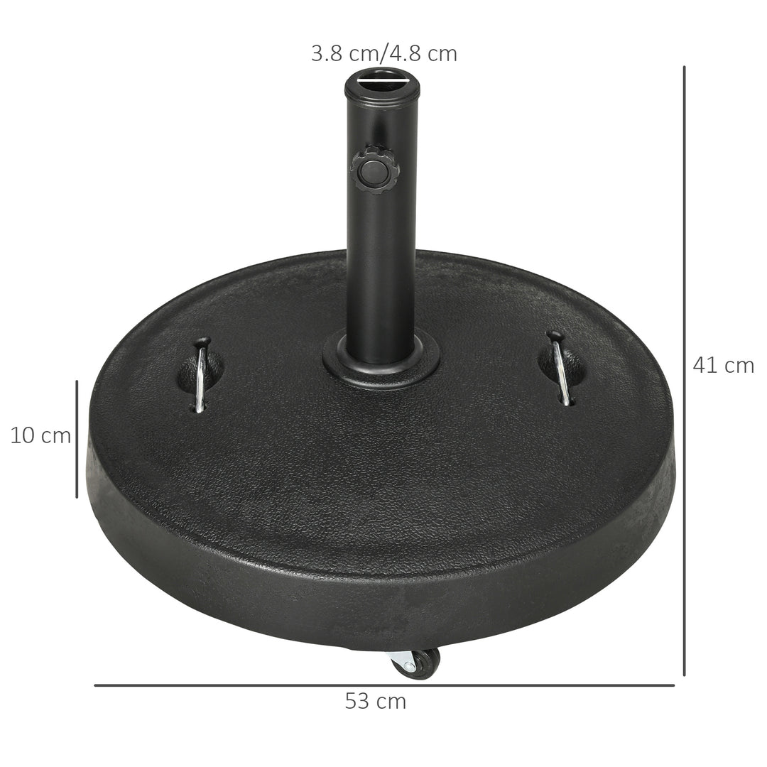 23.5kg Resin Garden Parasol Base with Wheels and Retractable Handles, Round Outdoor Market Umbrella Stand Weight for Poles of Φ38mm to Φ48mm, Black