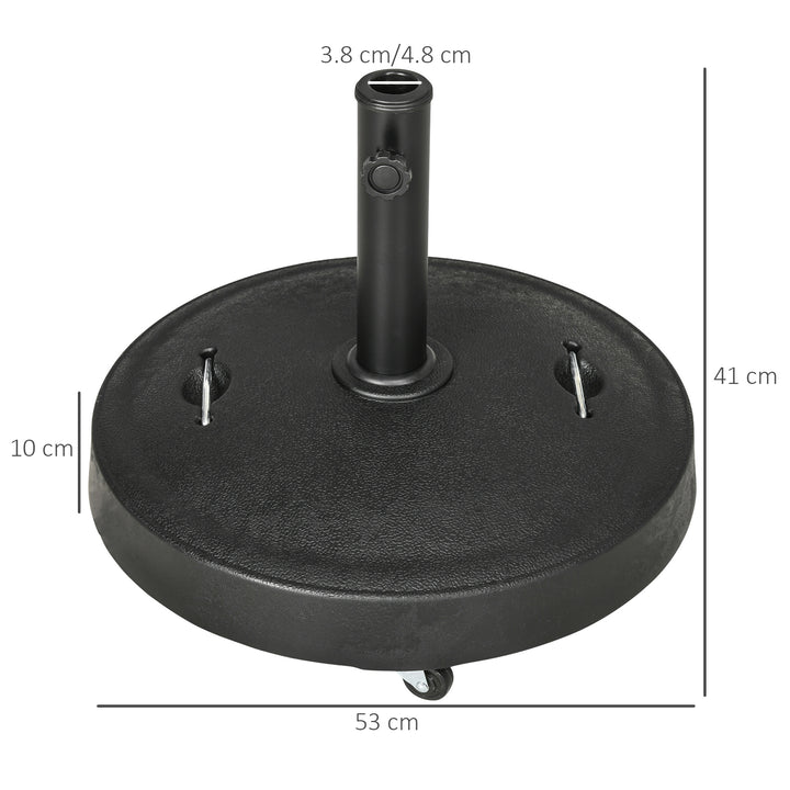 23.5kg Resin Garden Parasol Base with Wheels and Retractable Handles, Round Outdoor Market Umbrella Stand Weight for Poles of Φ38mm to Φ48mm, Black