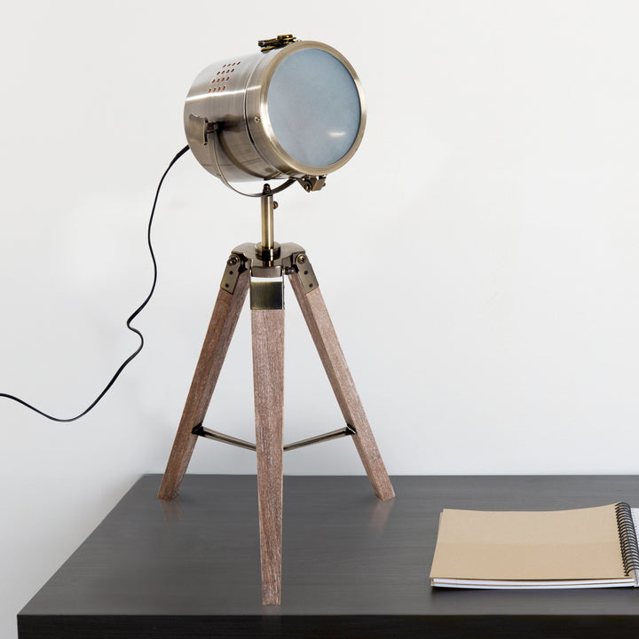 HOMCOM Bedside Light, Vintage Tripod Table Desk Lamp, Spotlight, Brass Antique Searchlight with Folded Wooden Base | Aosom UK