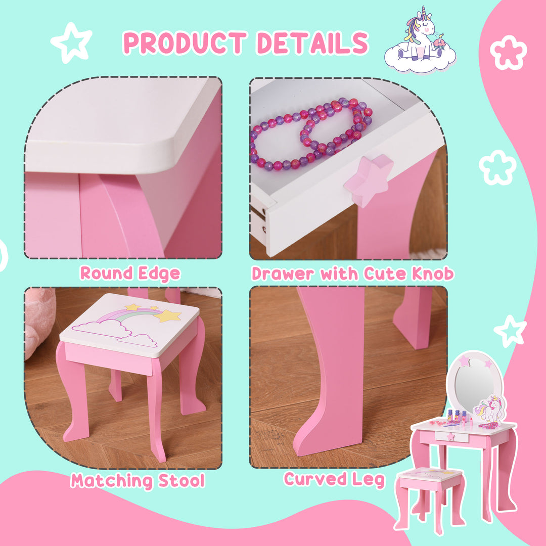 HOMCOM Kids Dressing Table, Girls Dressing Table w/ Mirror & Stool, Unicorn  Play Toy for Age 3-6 Years, Acrylic Mirror, Pink & White | Aosom UK