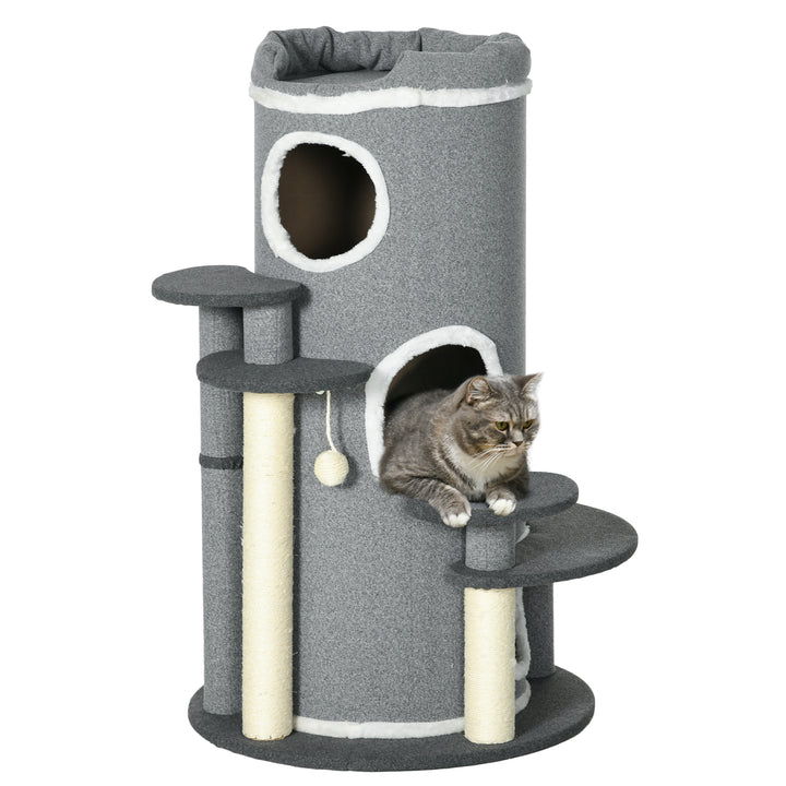 PawHut Barrel Shaped Cat Tree with Sisal Scratching Posts, Cat Bed, Platforms, Hanging Ball, Grey, Grey | Aosom UK