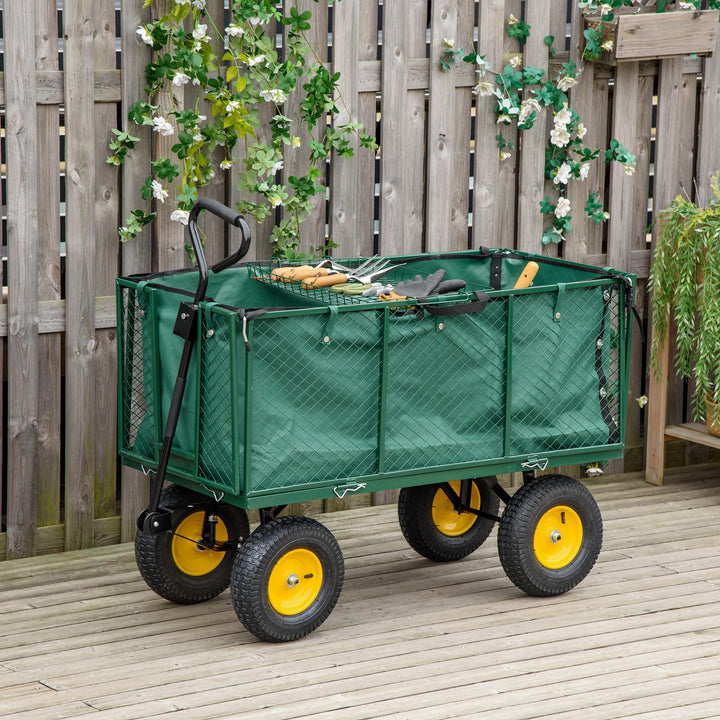 Outsunny Heavy Duty Garden Trolley with 4 Wheels, Metal Frame, and Pull Handle, Ideal for Gardening Tasks, Green | Aosom UK