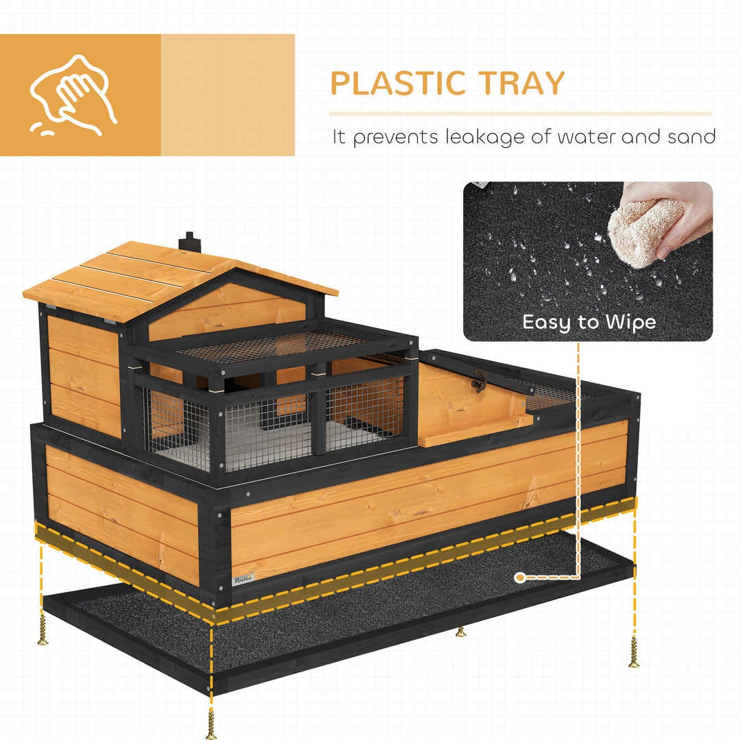 Wooden Tortoise House with Balcony, Tray, Roof, for Indoor and Outdoor, Yellow