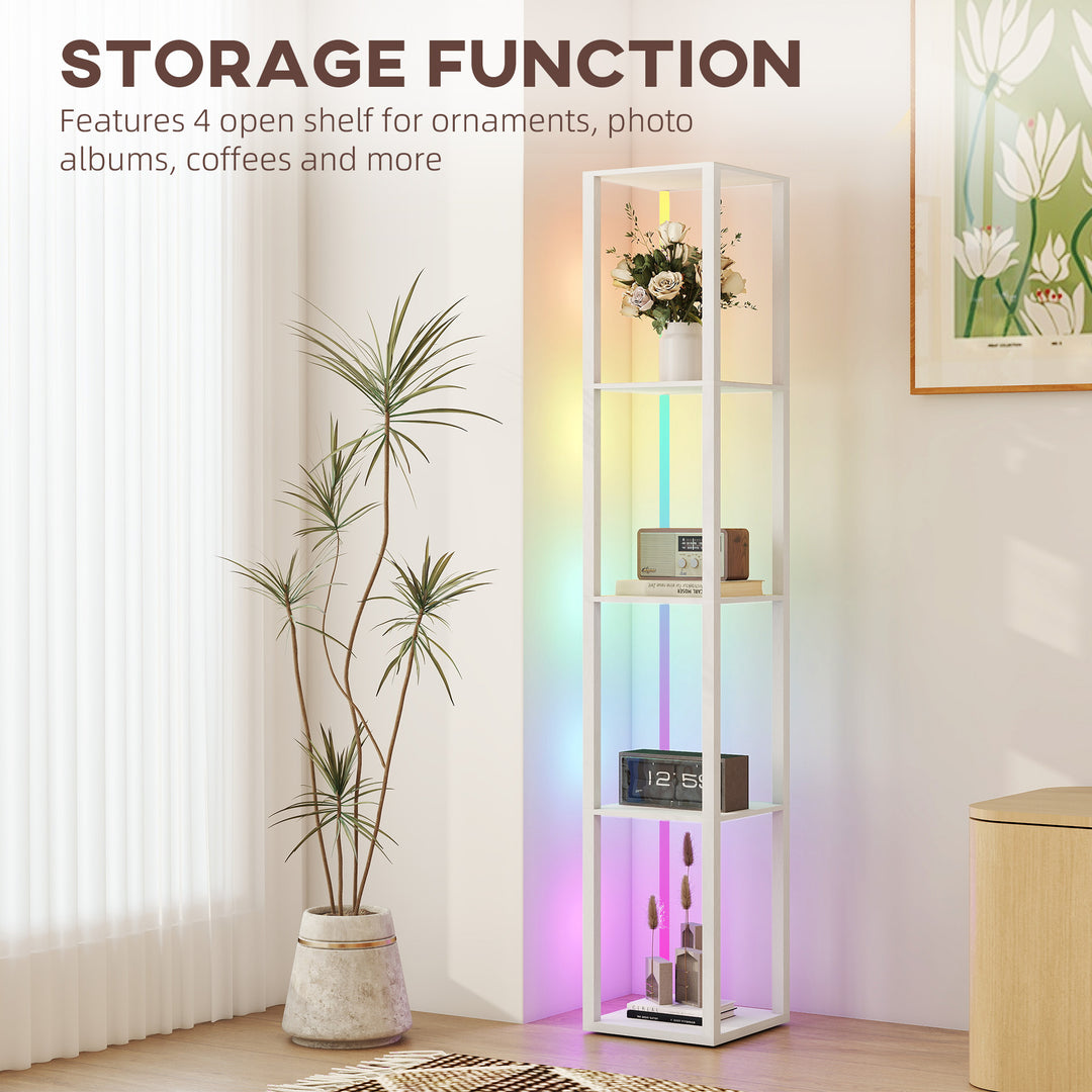 RGB LED Floor Lamp with Shelves, Modern Dimmable Standing Lamp with Remote Control, Adjustable Brightness & Speed for Living Room, Bedroom, Office, White