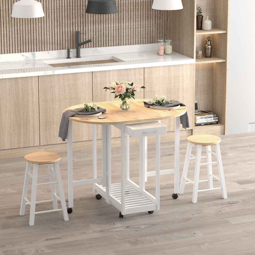 3 Pieces Dining Room Set, Mobile Foldable Dining Table and 2 Stools with Storage Shelf, 2 Drawers and 6 Wheels, Drop Leaf Bar Table and Stools for Home Kitchen Pub, White