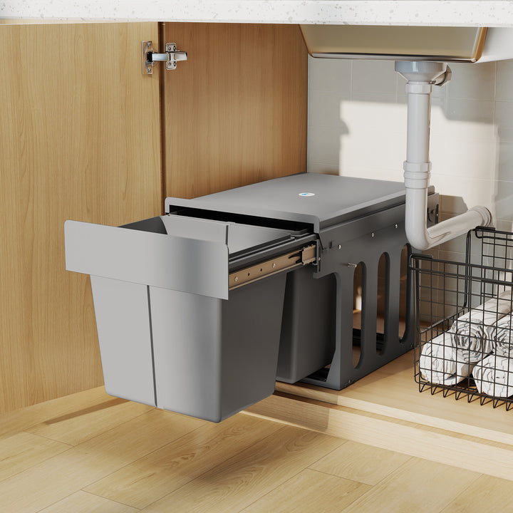 Pull Out Bin, Under Sink Bin - 2 Removable Compartments (15L Each) for 400mm Cabinets