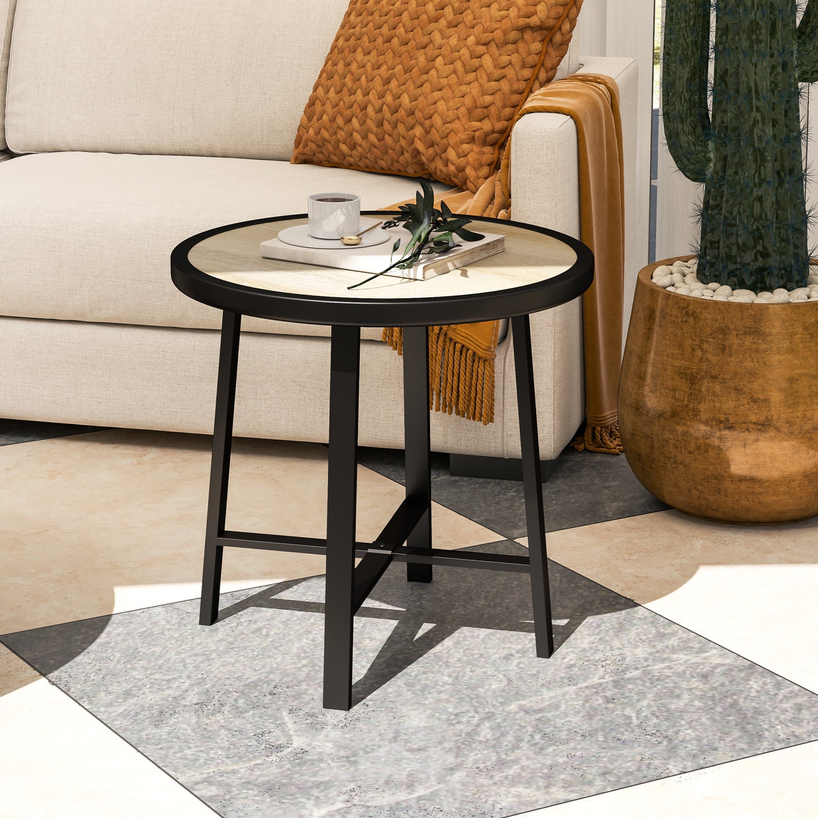 Round Small Garden Table, 50.5cm Outdoor Side Table with SPC Tabletop, Metal Frame and Anti-slip Foot Pads for Garden, Balcony, Nature Wood Finish