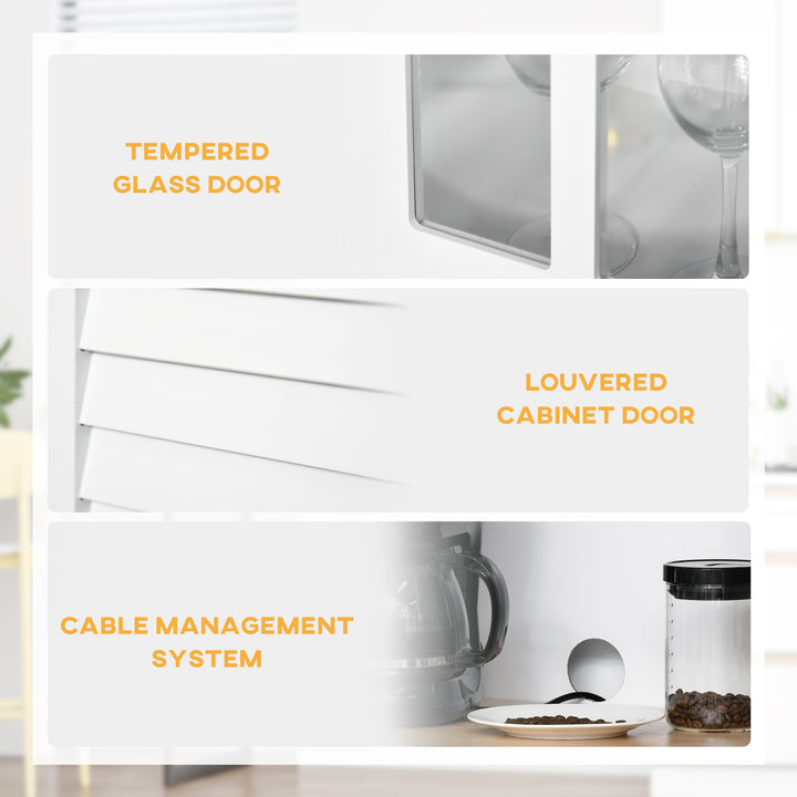MCL Modern Kitchen Cupboard, Louvered Kitchen Storage Cabinet with Framed Glass Doors and 2 Drawers, White
