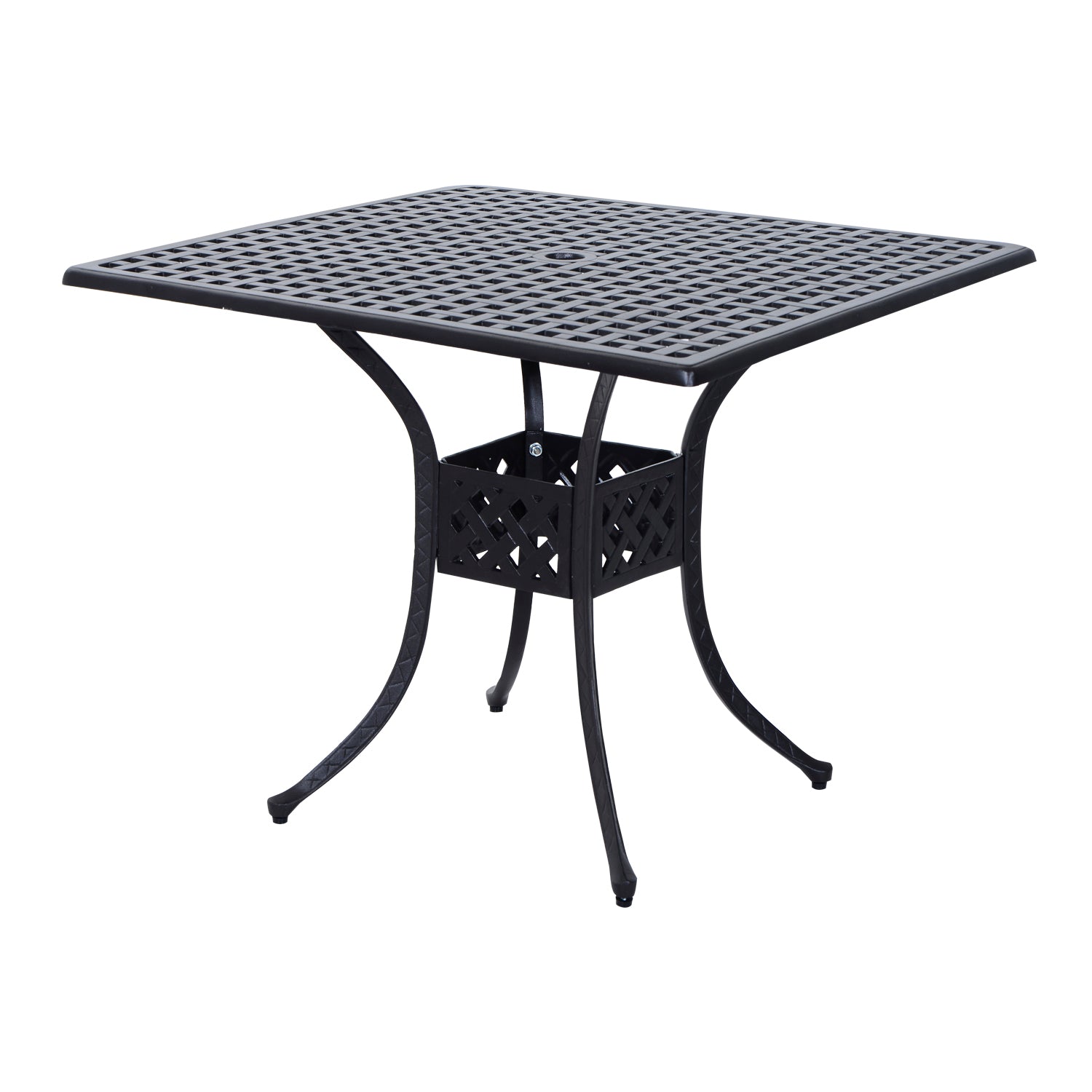 90cm Square Garden Table with Umbrella Hole, Aluminium Grid Motif Outdoor Dining Table for Garden Patio, Black