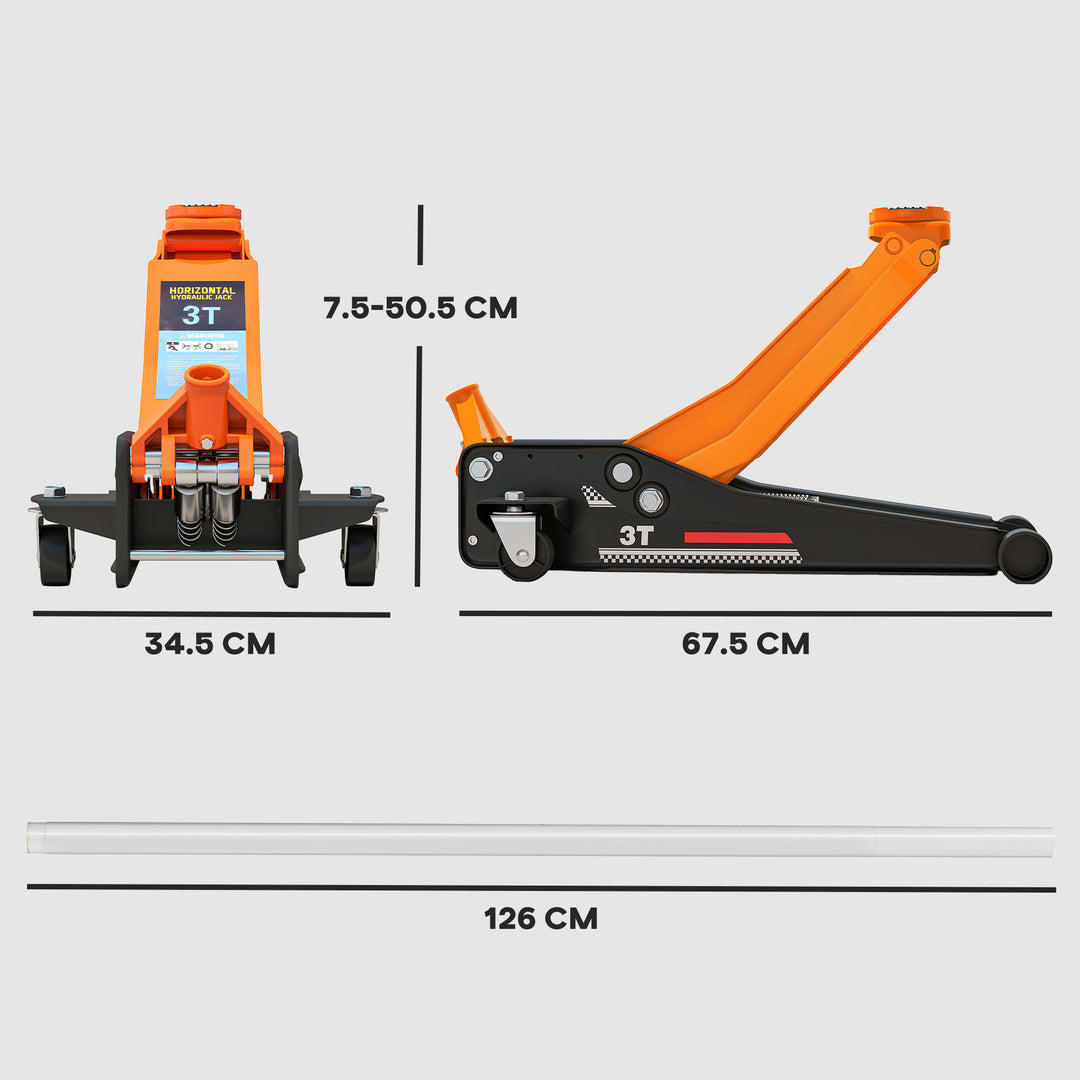 3 Ton Hydraulic Low-Profile Floor Jack, with 7.5-50.5cm Lifting Range, Wheels, Orange