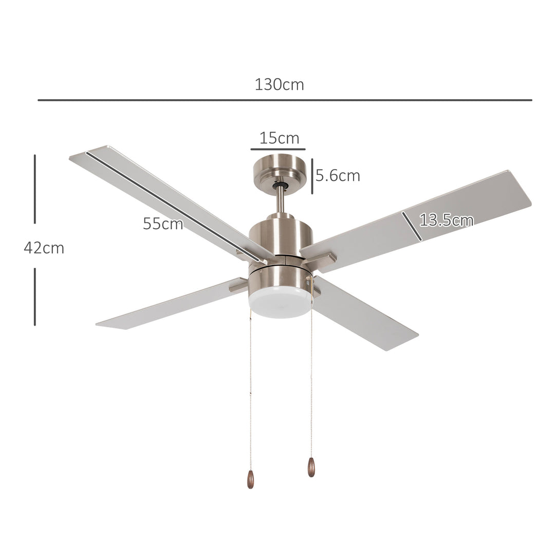 HOMCOM Ceiling Fan with LED Light, Flush Mount Ceiling Fan Lights with Reversible Blades, Pull-chain, Silver and Natural Tone | Aosom UK