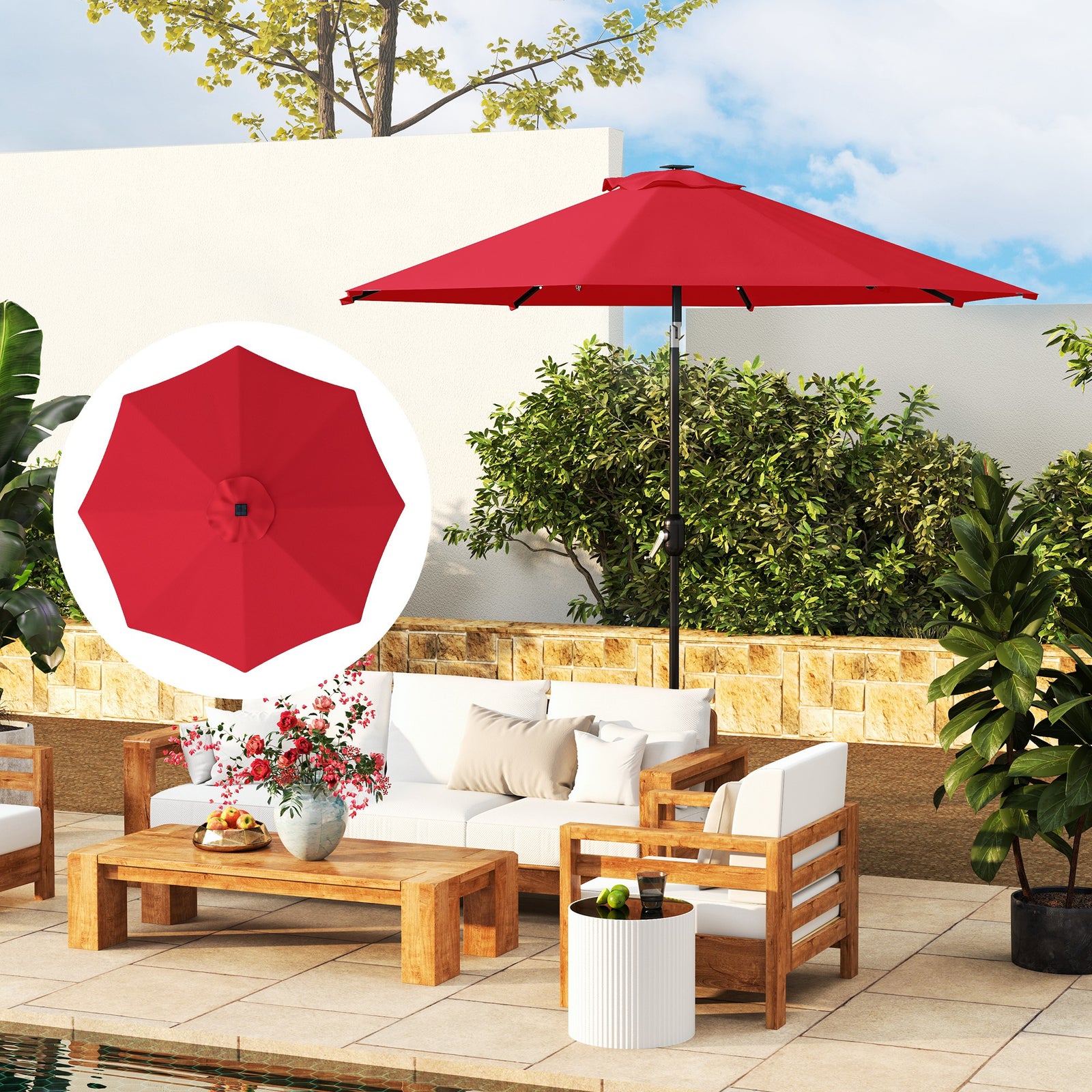 3 m Replacement Parasol Canopy with Top Vent, UPF 50+ Garden Parasol Replacement Canopy, 8 Rib Parasol Cover Replacement Fits Various Frames, Red