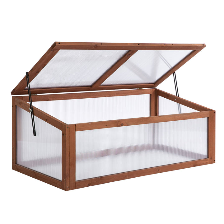 MCL Wooden Cold Frame, Small Polycarbonate Greenhouse for Plants with Openable & Tilted Top Cover, Brown, 100 x 65 x 40cm
