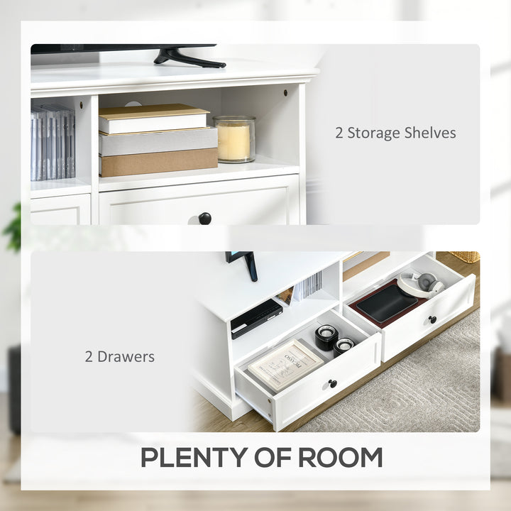 Modern TV Unit Cabinet for TVs up to 45 Inches, TV Stand with Drawers, Open Shelves, Cable Holes for Living Room, White