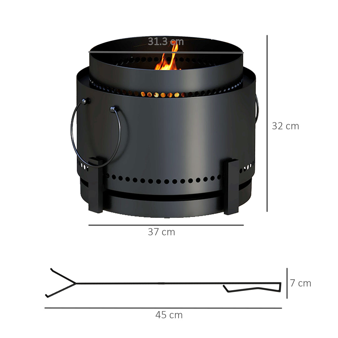 Smokeless Fire Pit with Ash Catcher, 37cm Portable Wood Burning Firepit with Poker for Garden Camping Bonfire Party, Metal, Black