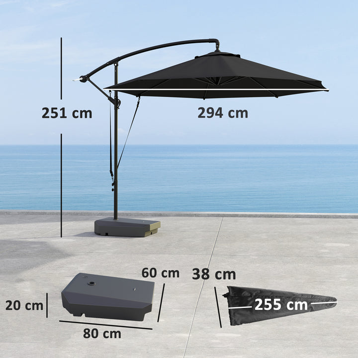 3(m) Garden Cantilever Parasol with Fillable Base up to 90kg, Wind Protection Strap, Cover, Round Banana Hanging Umbrella with Crank Handle and Tilt, UPF50+ Patio Umbrella, Grey