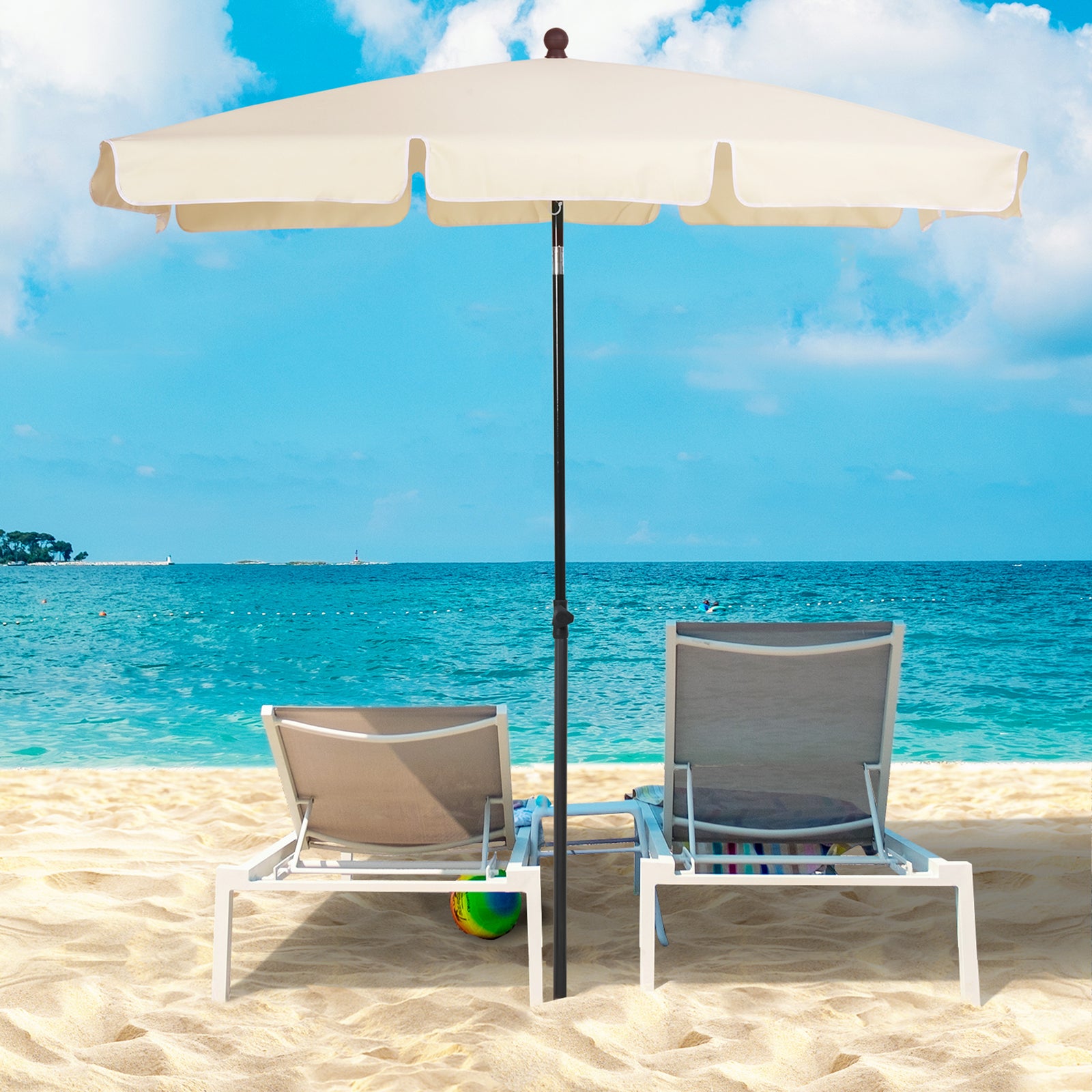 Garden Parasol Umbrella, Outdoor Market Table Umbrella with Ruffles & Aluminium Pole, Rectangular Tilting Parasol Sun Shade Canopy, 2 x 1.3m, Beige