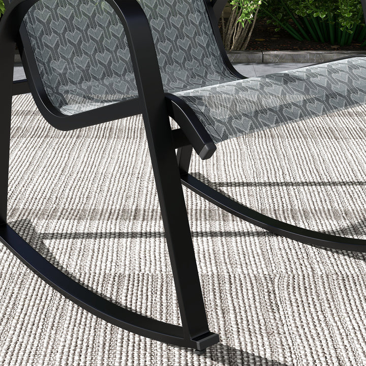 Outsunny 3 Piece Outdoor Rocking Set with 2 Armchairs and Metal Top Coffee Table, Patio Bistro Set with Curved Armrests, Breathable Mesh Fabric Seat for Garden, Deck, Mixed Grey