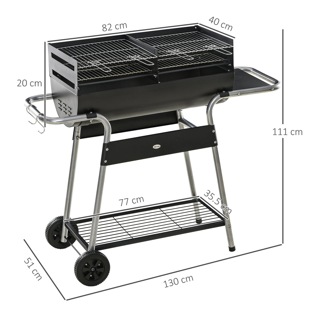 Outsunny Charcoal Barbecue Grill Garden BBQ Trolley w/ Adjustable Grill Height, Double Grill, Side Table, Storage Shelf and Wheels, Black