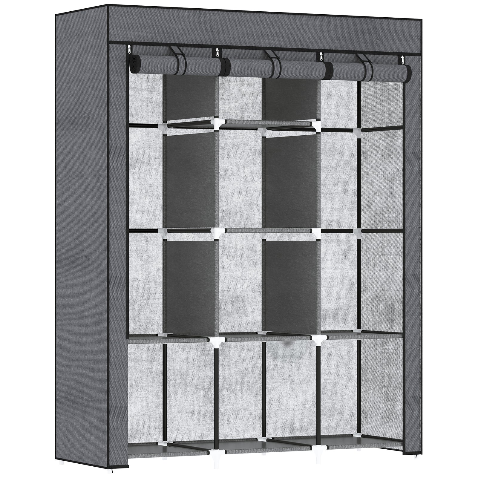 Fabric Wardrobe, with Rails and Shelves - Dark Grey