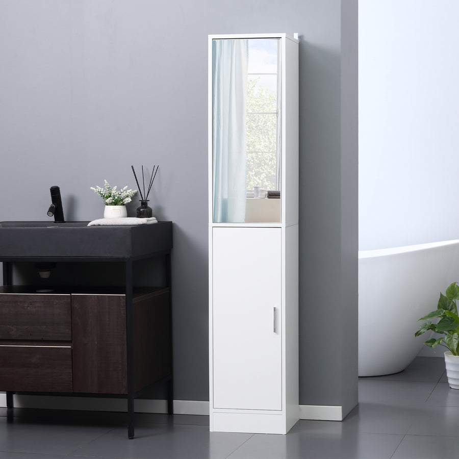 Tall Bathroom Cabinet with Mirror and Adjustable Shelf - White