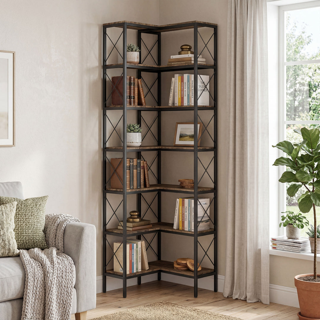 6-Tier L-Shaped Bookshelf, Freestanding Corner Bookcase with Metal Fra