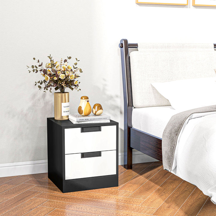 HOMCOM Set of 2 Bedside Cabinets with Dual Drawers, Modern Nightstands for Bedroom Storage, Living Room Accent Furniture, White and Black. | Aosom UK