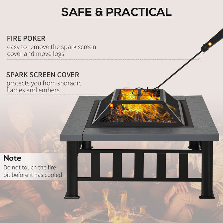 Outsunny Metal Large Firepit Outdoor Square Fire Pit Brazier w/ Rain Cover, Lid, Log Grate for Backyard, Camping, BBQ, Bonfire, 86 x 86 x 54cm, Black