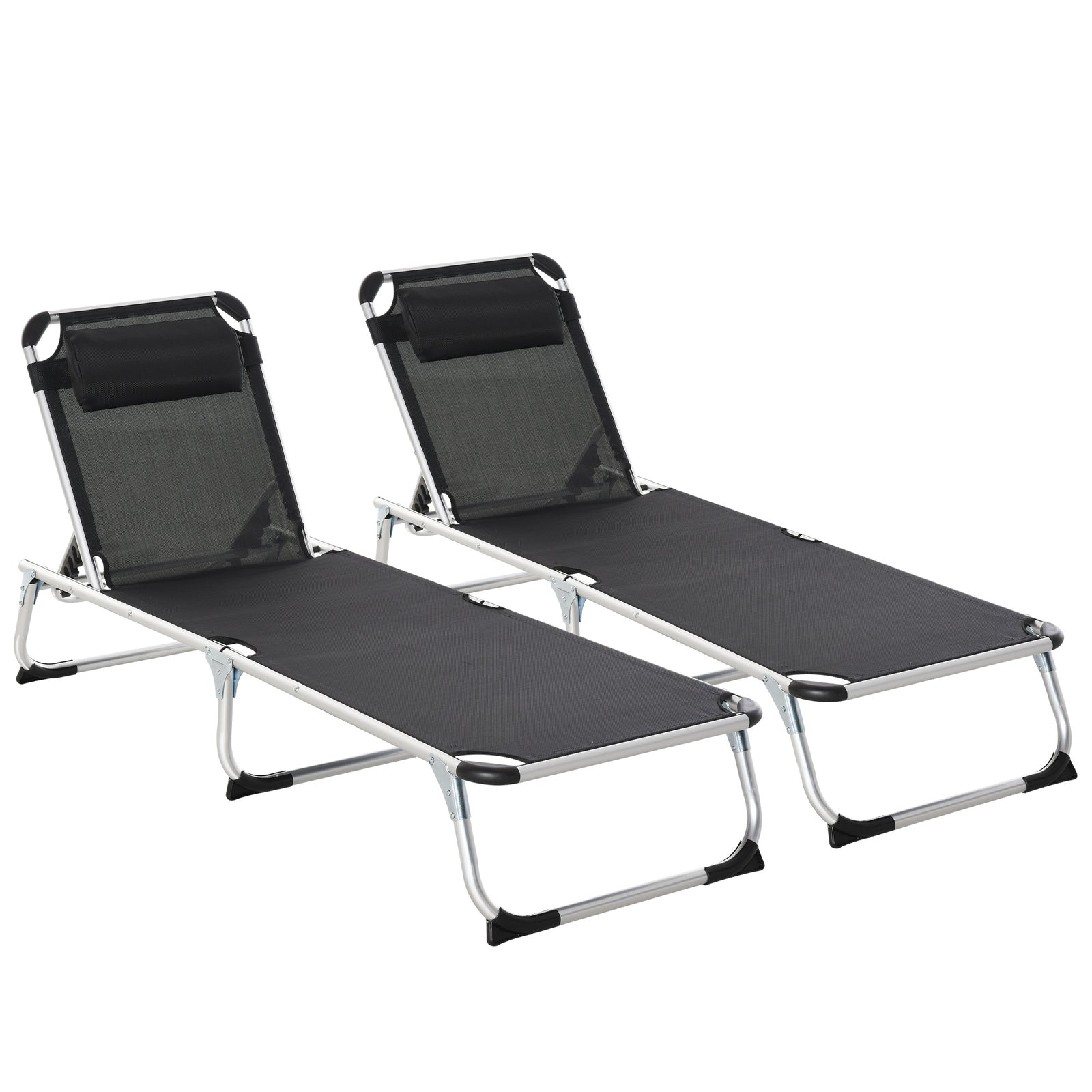 Foldable Outdoor Sun Loungers Set of 2, Reclining Lounge Chair Camping Bed Cot with Pillow 4-Level Adjustable Back Aluminium Frame, Black
