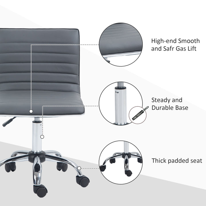 Armless Task Desk Chair, Swivel Office Chair with Faux Leather, Adjustable Seat Height, Chrome Base, Wheels for Home, Dark Grey