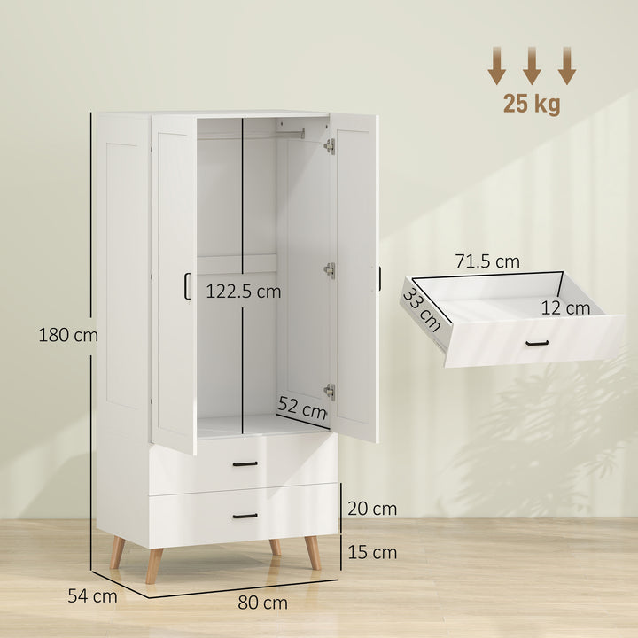 2-Door Wardrobe, Modern Wardrobe with 2 Drawers and Hanging Rail for B