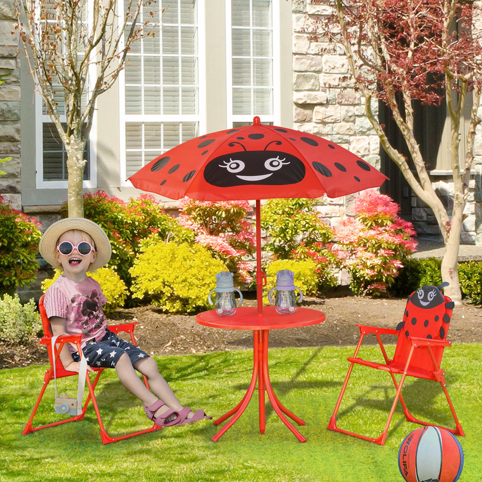 Kids Folding Picnic Table Chair Set w/ Parasol, Red
