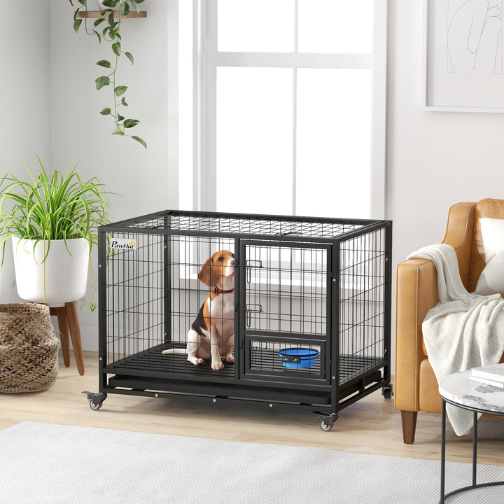 PawHut 43" Heavy Duty Dog Crate on Wheels w/ Bowl Holder, Removable Tray, Detachable Top, Double Doors for L, XL Dogs