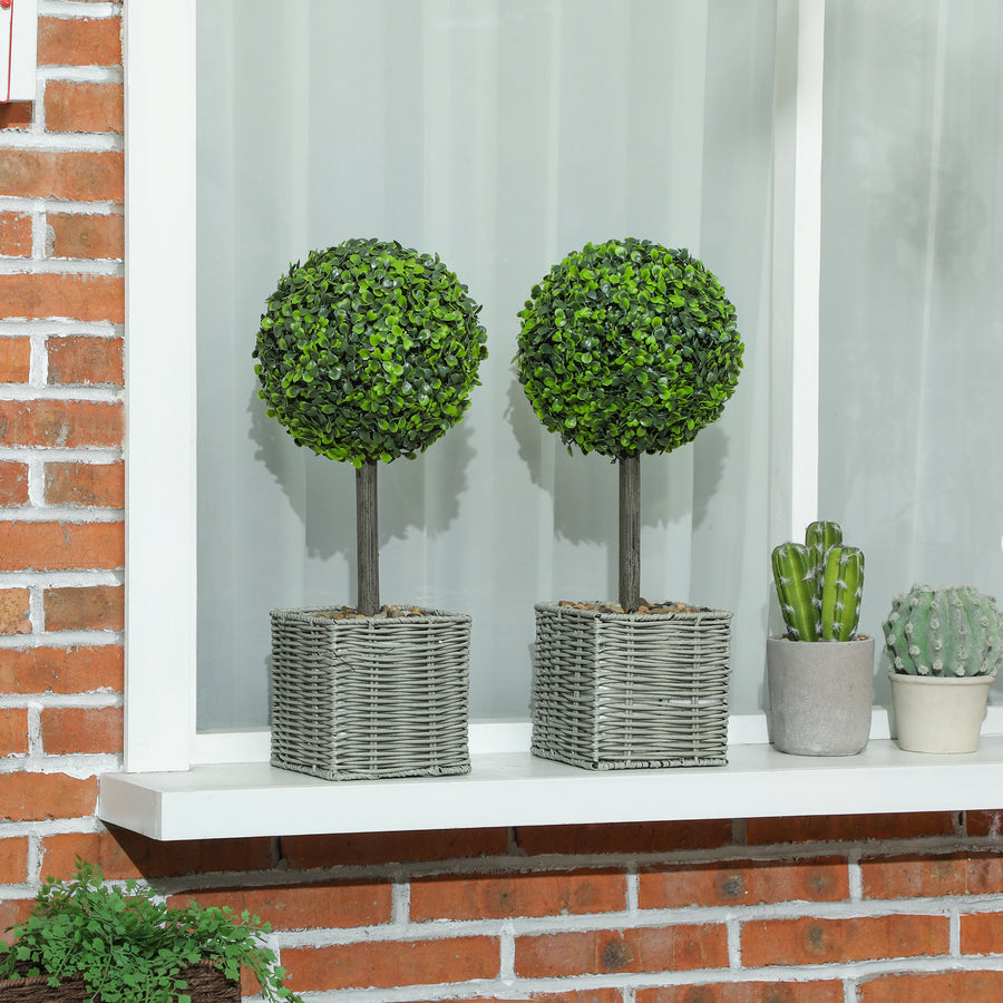 Set of 2 Decorative Artificial Plants, 50cm Faux Boxwood Topiary Balls with Woven Plastic Pot and Pebbles, Fake Plants for Home or Office Decor, Green