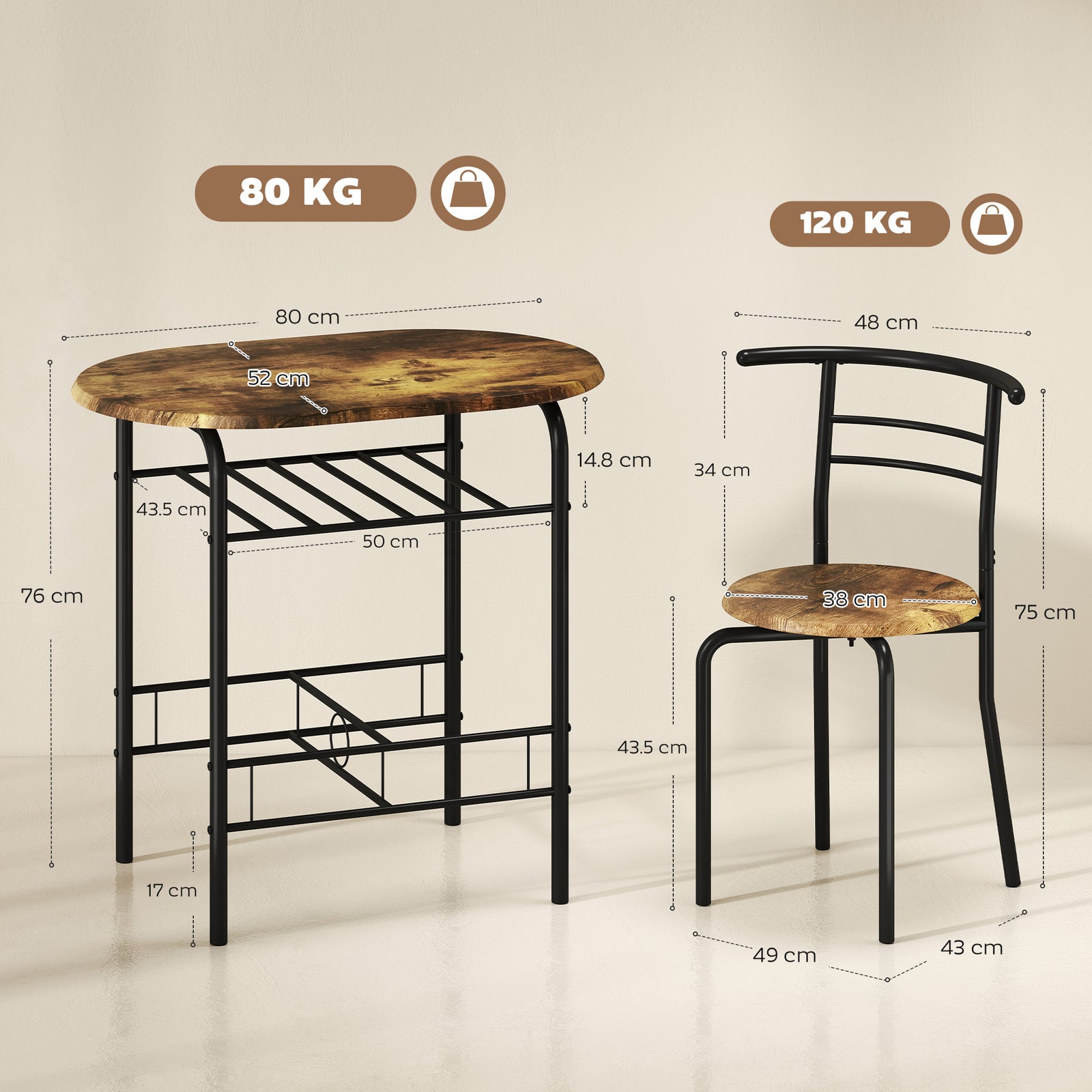 Three-Piece Compact Dining Set - Rustic Brown