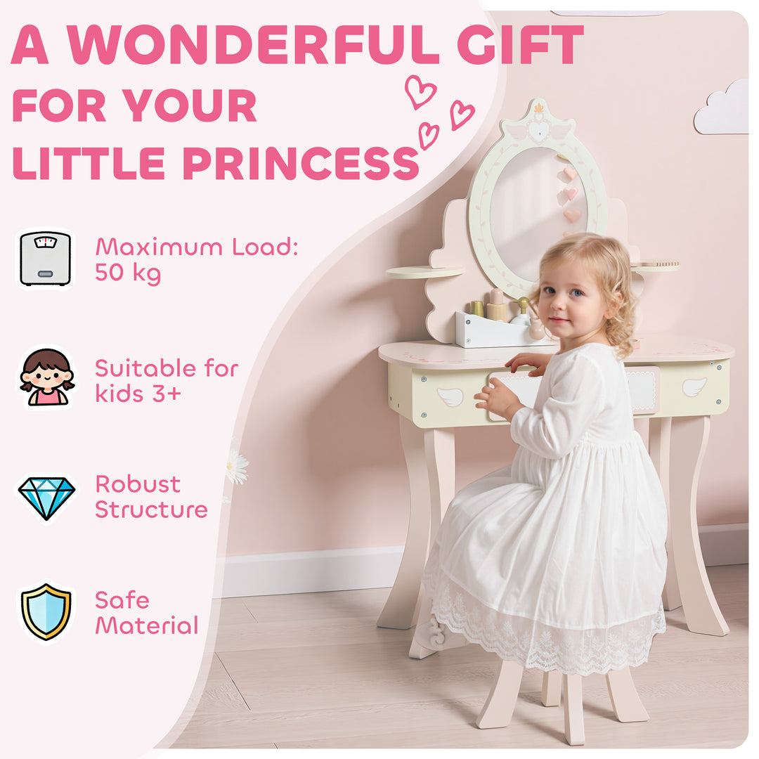 MCL Kids Dressing Table, Girls Vanity Set with Mirror and Stool, 7 Play Accessories, Drawer, Desktop Storage, Pink