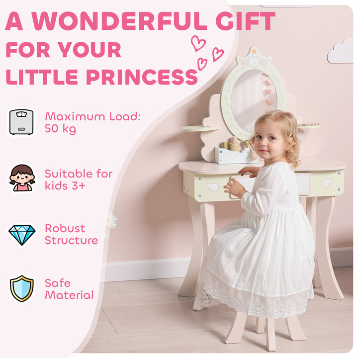 MCL Kids Dressing Table, Girls Vanity Set with Mirror and Stool, 7 Play Accessories, Drawer, Desktop Storage, Pink