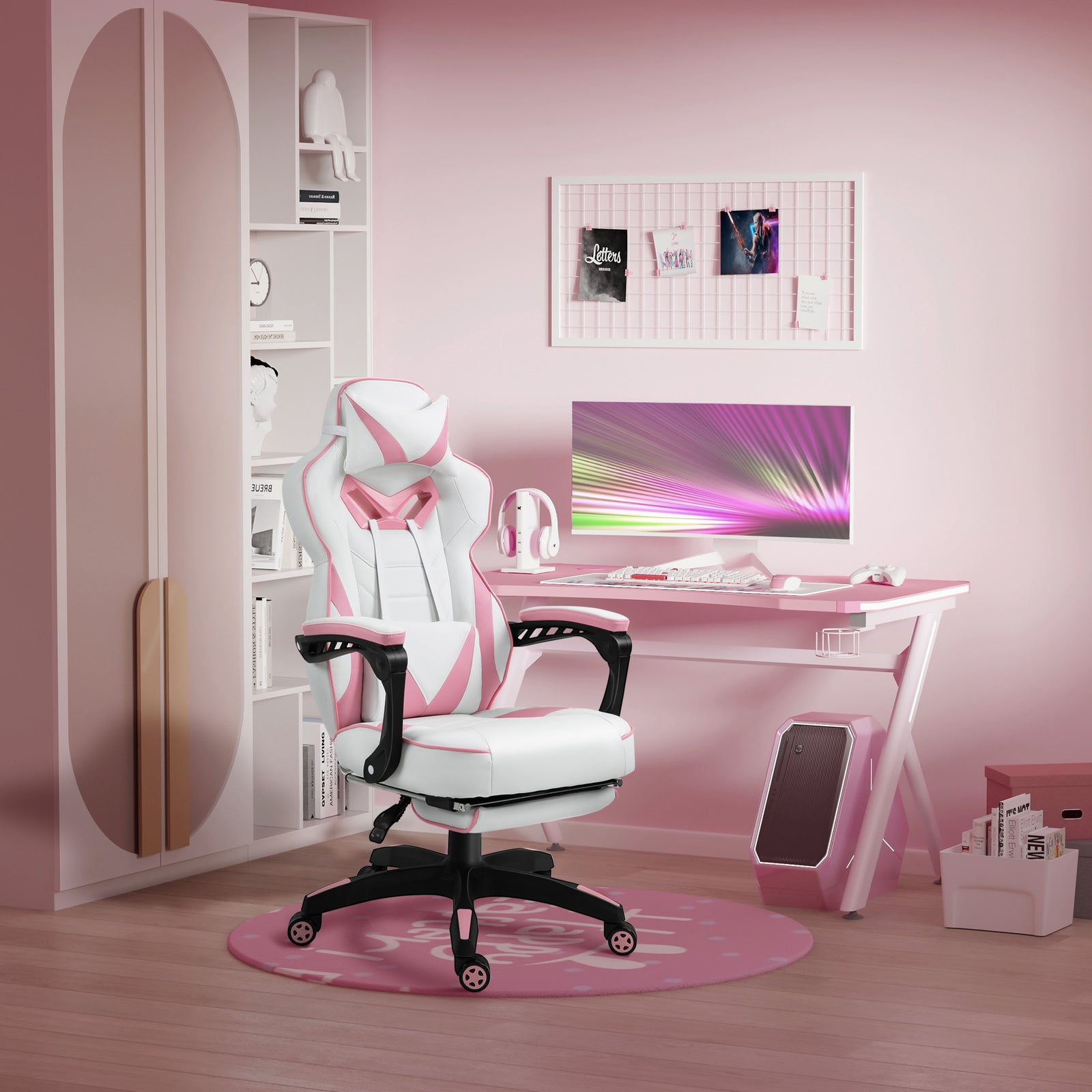 Computer Gaming Chair, Racing Desk Chair with Lumbar Support and Footrest, PU Leather Gamer Chair with Headrest and Swivel Wheels for Home, Pink