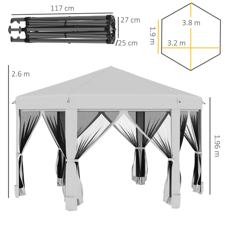 Outsunny Hexagonal Pop Up Gazebo with Mesh Sidewalls, 3.2m, Outdoor Sun Shelter, Handy Bag Included, Light Grey