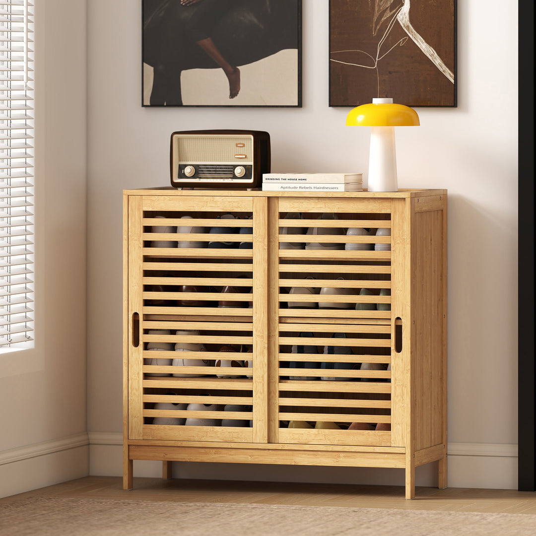 Bamboo Shoe Cabinet with 2 Sliding Slat Doors, 16Pairs, Adjustable She