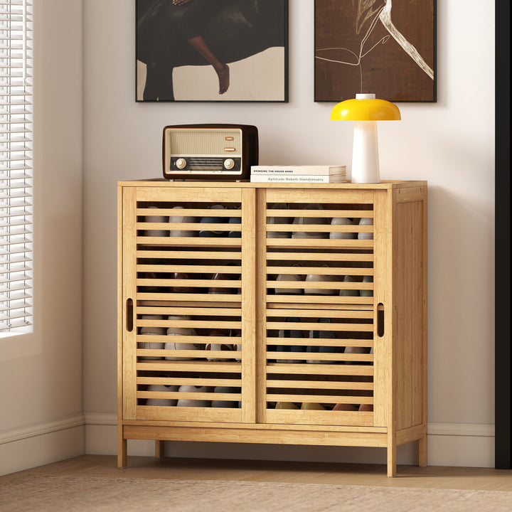 Bamboo Shoe Cabinet with 2 Sliding Slat Doors, 16Pairs, Adjustable She