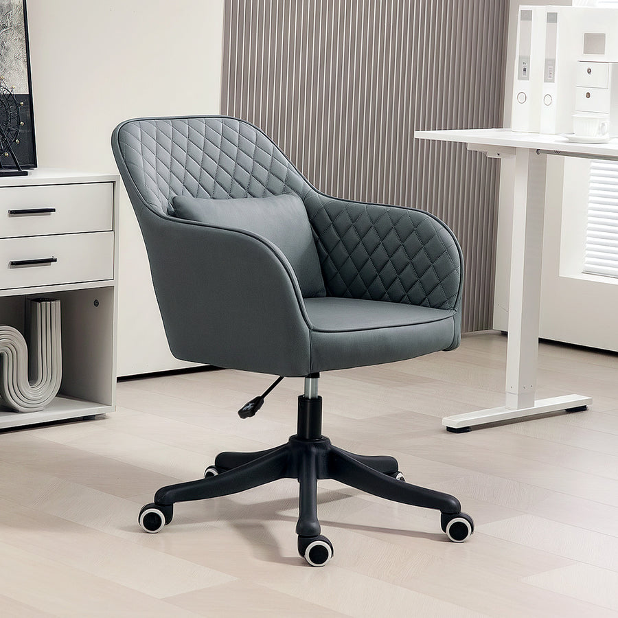 Microfiber Office Chair, Desk Chair, Makeup Vanity Chair with Massage Lumbar Pillow and Rolling Wheels for Bedroom and Home, Grey