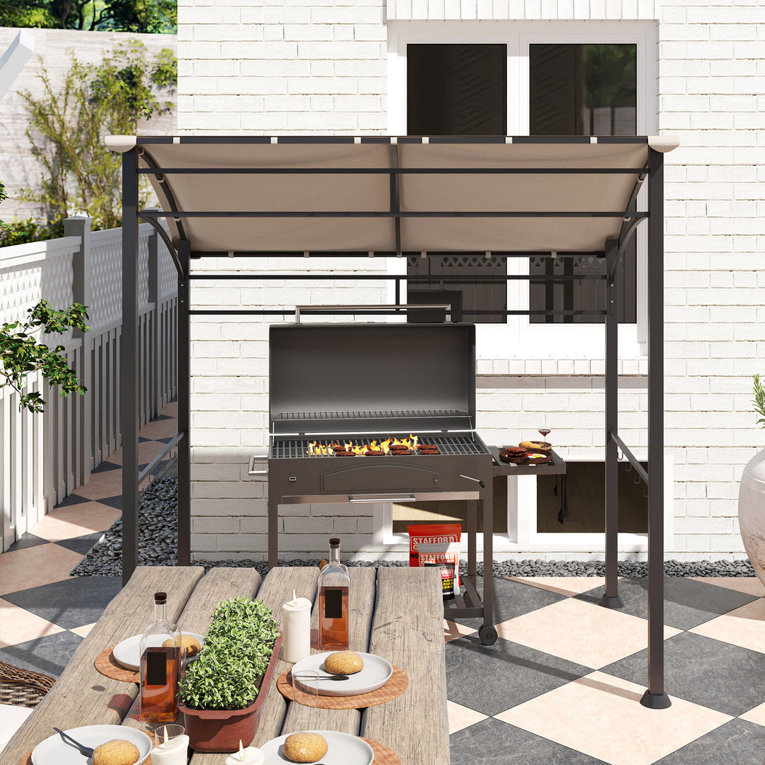 2.2 x 1.5 m BBQ Grill Gazebo Tent, Garden Grill with Metal Frame, Curved Canopy and 10 Hooks, Outdoor Sun Shade, Khaki