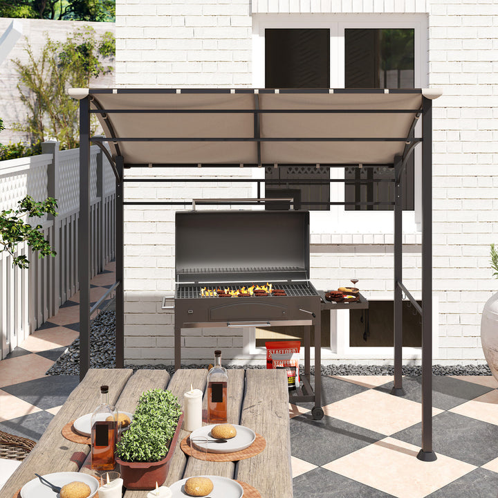 2.2 x 1.5 m BBQ Grill Gazebo Tent, Garden Grill with Metal Frame, Curved Canopy and 10 Hooks, Outdoor Sun Shade, Khaki
